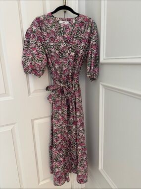 Mango Pink Floral Tie-Waist Midi Dress
